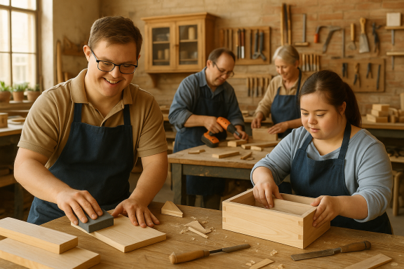 Menschen mit Behinderung bei der Arbeit in einer Werkstatt.