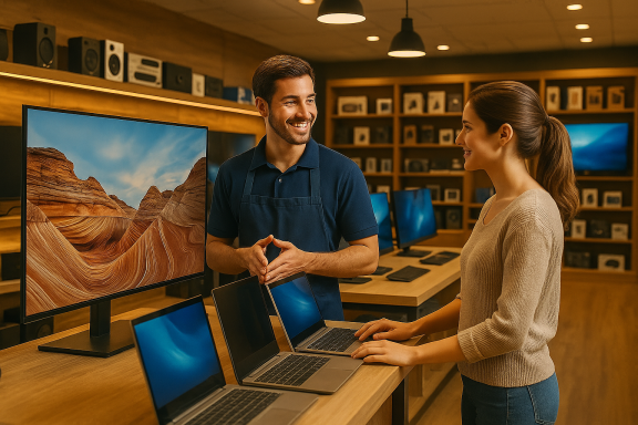 Mitarbeiter in einem Elektronikgeschäft berät eine Kundin vor Laptops und Monitoren.