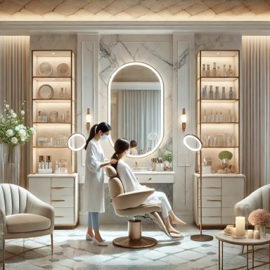 Moderne, elegante Friseureinrichtung mit stilvollem Licht und allem Zubehör.