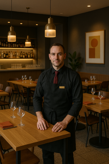 Kellner in eleganter Gastronomie-Uniform steht vorbereitet in einem stilvoll gedeckten Restaurant.