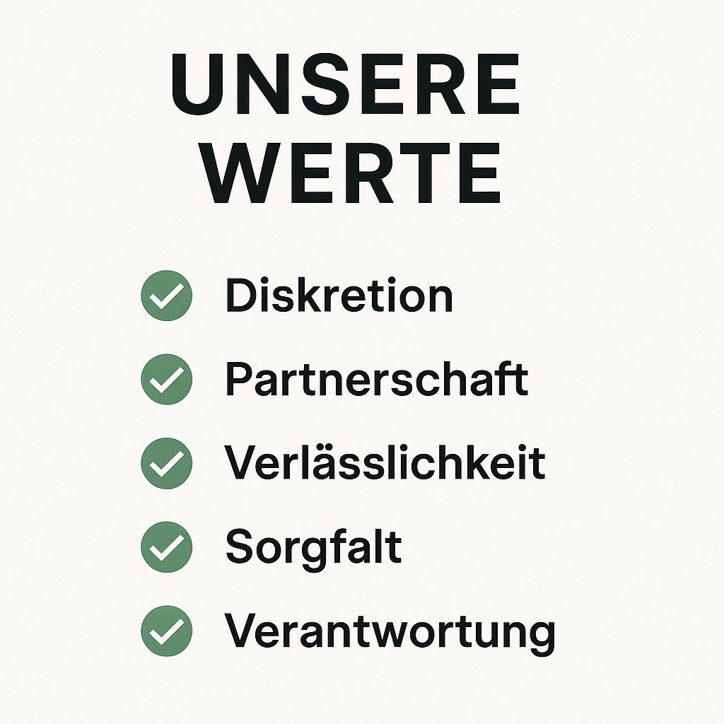 Liste der Werte: Diskretion, Partnerschaft, Verlässlichkeit, Sorgfalt, Verantwortung.