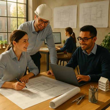 Team von Ingenieuren arbeitet gemeinsam an Bauplänen in einem modernen Büro.
