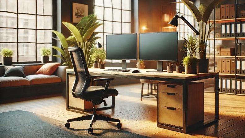 Moderne Büroumgebung vom Lohnbüro LoBu Office mit Schreibtisch, Bürostuhl und zwei Monitoren, umgeben von Pflanzen.