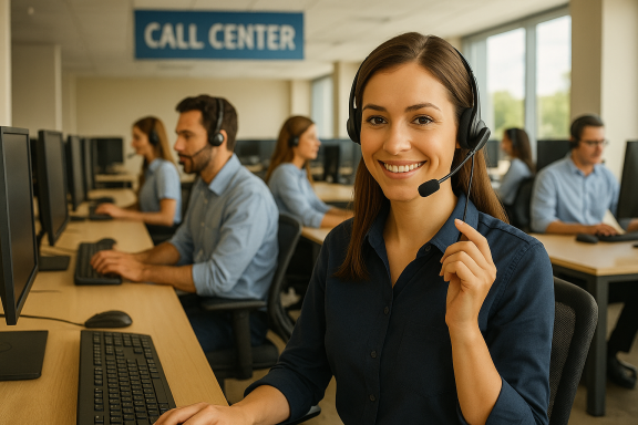 Mitarbeiterin im Callcenter mit Headset, die freundlich in die Kamera lächelt.