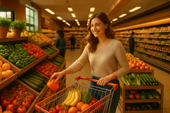 Eine Supermarktmitarbeiterin reicht einer Kundin ein Produkt an der Frischetheke - typische Szene im Lebensmitteleinzelhandel.