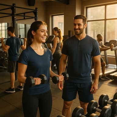 Trainerin hebt Hanteln im Fitnessstudio, während ein Trainer sie unterstützt - im Hintergrund trainierende Personen.