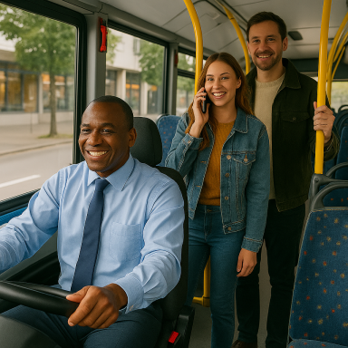 Busfahrer mit zwei lächelnden Fahrgästen im Stadtbus.