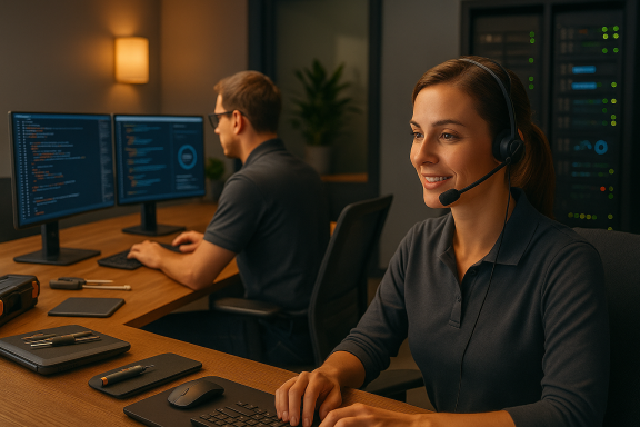 IT-Fachkräfte arbeiten an Monitoren mit Code, eine Frau mit Headset betreut den Support.
