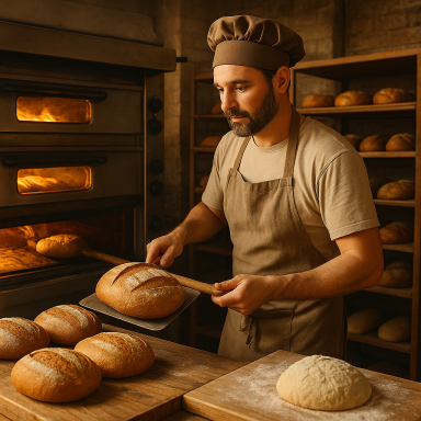 Bäcker formt und backt frisches Brot in einer traditionellen Bäckerei.