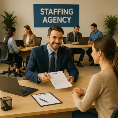 Mitarbeiter einer Personalagentur überreicht einer Bewerberin ein Dokument im Büro.