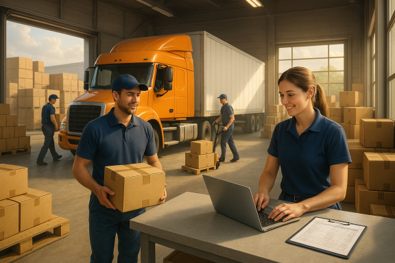 Mitarbeiter in einer Spedition beladen einen Lkw, während eine Kollegin am Laptop arbeitet.