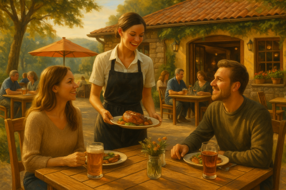Servicekraft serviert Speisen im Außenbereich eines gemütlichen Restaurants.