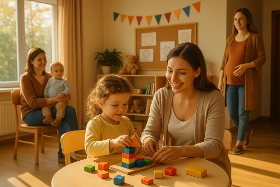 Betreuerin spielt mit einem Kind in einer Mutter-Kind-Einrichtung.