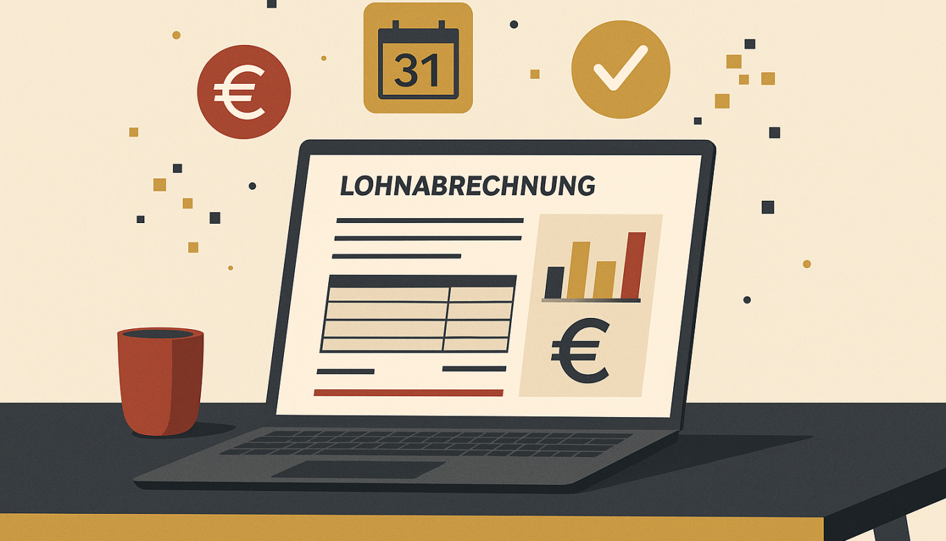 Lohnabrechnung, Gehaltsabrechnung, Verdienstabrechnung Laptop zeigt eine Lohnabrechnung mit Grafiken und einem Kalender. Ein Kaffeebecher daneben.