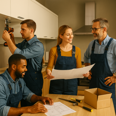 Ein Team einer Montagefirma bespricht Baupläne und montiert gemeinsam Küchenschränke.