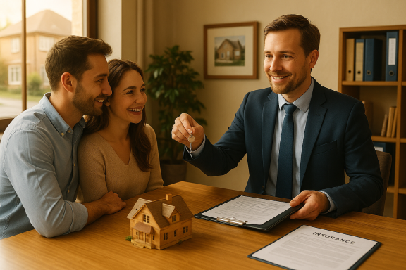 Immobilienmakler übergibt einem jungen Paar symbolisch den Schlüssel zum neuen Zuhause.