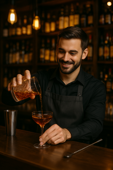 Ein lächelnder Barkeeper in schwarzer Kleidung gießt einen Drink in ein Cocktailglas, im Hintergrund eine gut sortierte Bar.