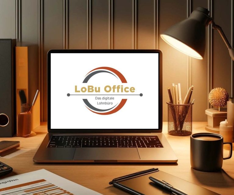 Moderne Büroarbeitsplatz mit Laptop, Schreibtischlampe und Büromaterialien.