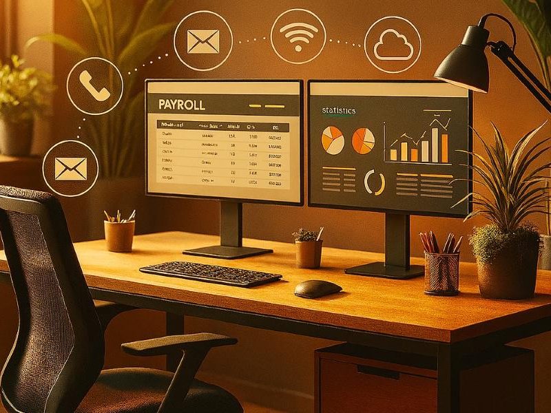 Digitales, externes Lohnbüro - LoBu Office Zwei Monitore auf einem Schreibtisch von LoBu Office mit Grafiken zum Thema Lohnabrechnung und Kommunikationssymbolen.