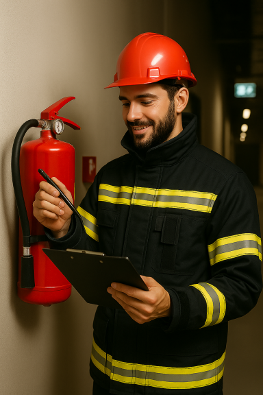 Fachkraft prüft Feuerlöscher und dokumentiert Inspektion.