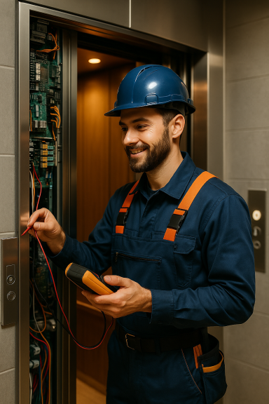 Ein Techniker im blauen Overall und Helm steht vor einem Aufzug und prüft Elektronik.