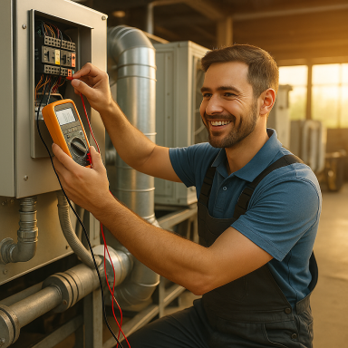 Ein Servicetechniker misst elektrische Werte an einer Industrieanlage während der Wartung.