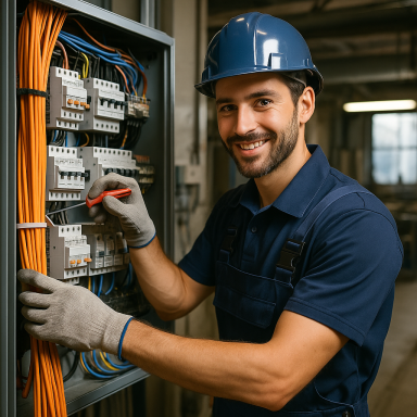 Elektriker arbeitet an Schaltschrank mit Kabeln und Sicherungen.