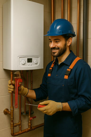 Installateur arbeitet an einer Heizungsanlage mit Kupferrohren.