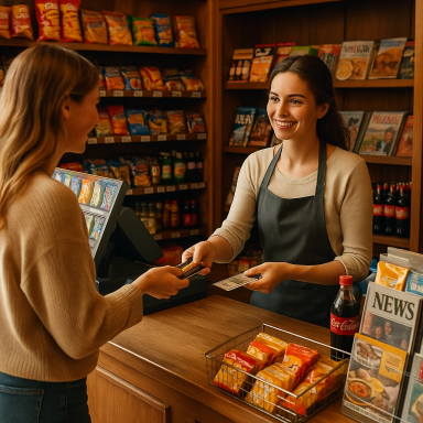 Verkäuferin in einem Kiosk nimmt lächelnd eine Zahlung von einer Kundin entgegen, im Hintergrund Snacks und Zeitschriften.