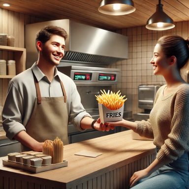 Ein junger Mann reicht einer Frau eine Schale Pommes frites am Theke.