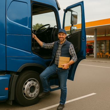 Lkw-Fahrer mit Paket an geöffneter Fahrertür vor einer Raststätte.