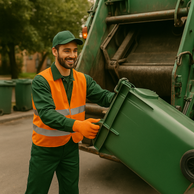 Mitarbeiter der Müllabfuhr leert eine grüne Tonne in ein Müllfahrzeug.
