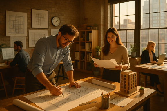 Mitarbeiter in einem Architekturbüro arbeiten gemeinsam an Bauplänen.