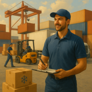 Logistikmitarbeiter mit Klemmbrett steht vor Containern, während andere Arbeiter Kartons verladen.