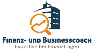 Logo eines Finanz- und Businesscoaches mit Diagramm und Lupe.