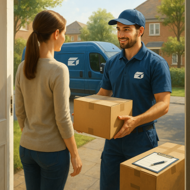 Paketbote übergibt ein Paket an eine Kundin vor der Haustür, Lieferwagen im Hintergrund.