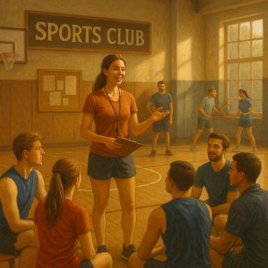 Trainerin spricht mit Sportlerinnen und Sportlern in einer Turnhalle eines Sportvereins.