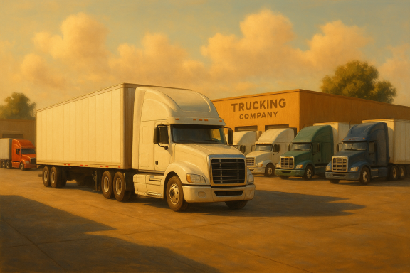Mehrere Sattelzüge stehen auf dem Hof eines Speditionsunternehmens mit der Aufschrift „Trucking Company“.