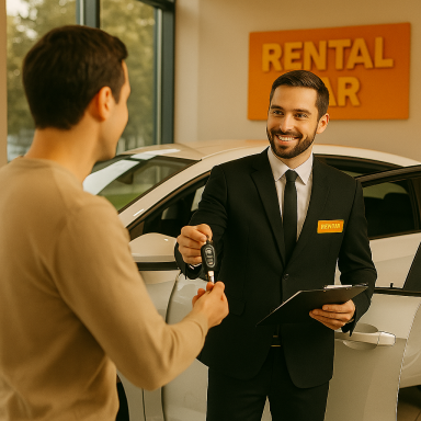 Mitarbeiter eines Mietwagenservices übergibt einem Kunden den Autoschlüssel.