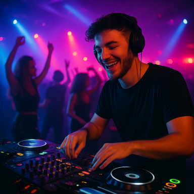 DJ legt im Club auf, Gäste tanzen im Hintergrund bei buntem Licht.
