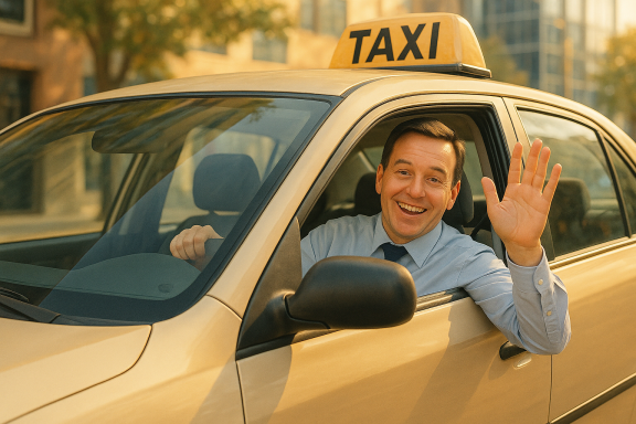 Taxifahrer winkt freundlich aus dem geöffneten Fenster seines Wagens.