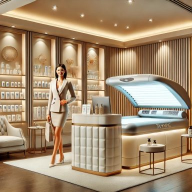 Mitarbeiterin steht am Empfang eines modernen Sonnenstudios mit Solariumkabine.